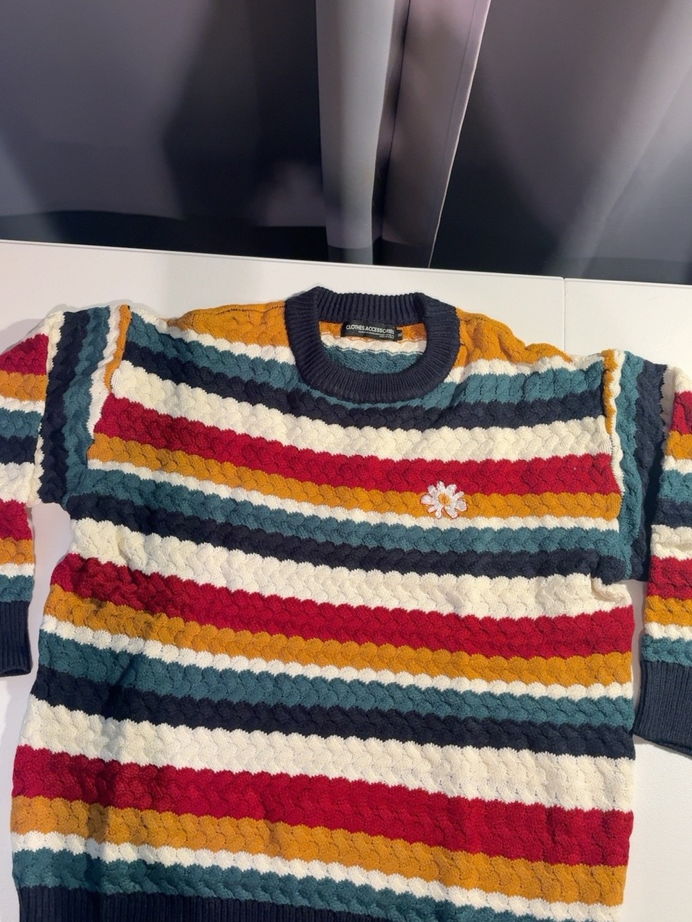 Unisex XL Multicolor Striped Chunky Knit Sweater Daisy Embroidered Retro Boho